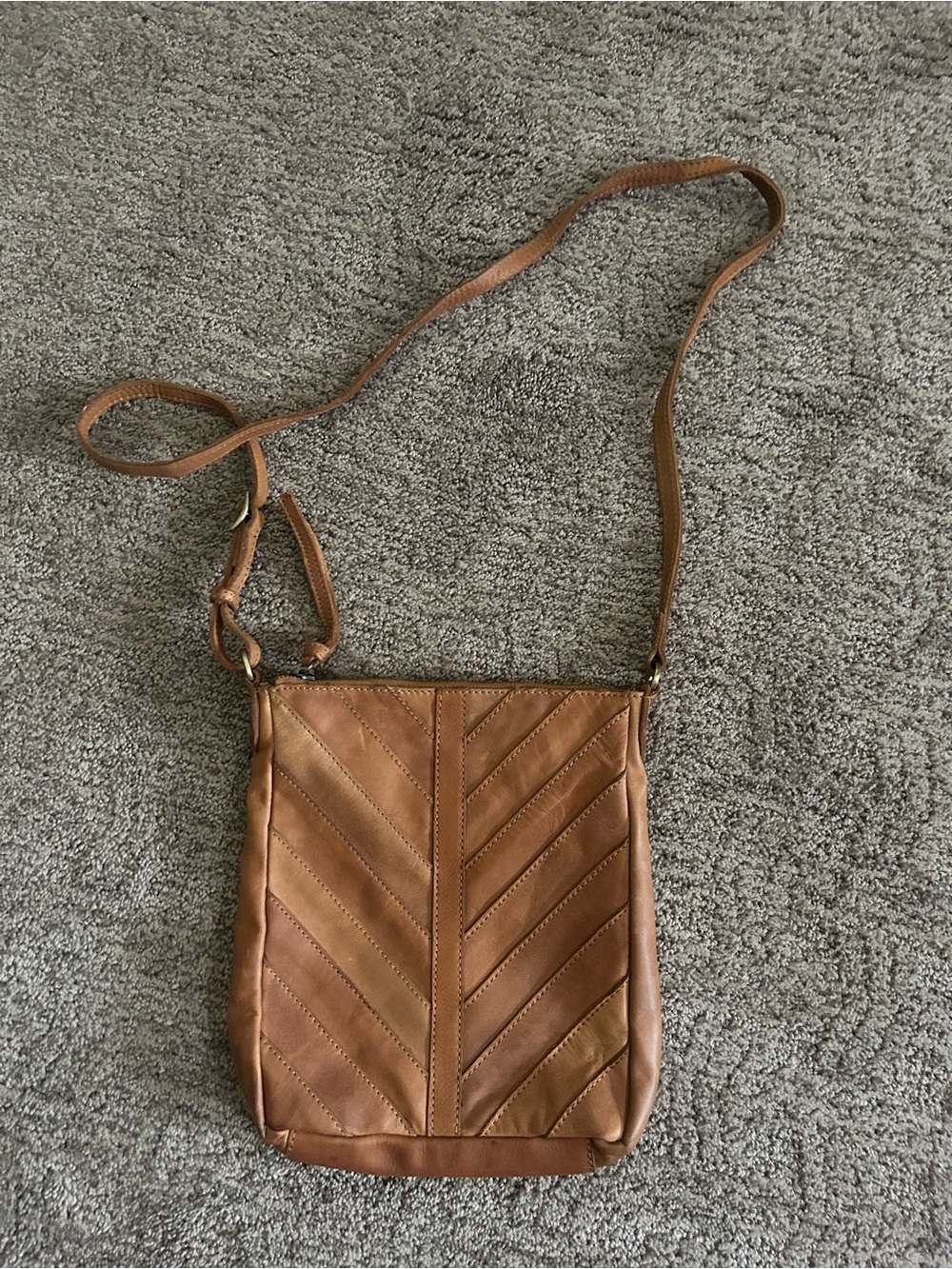 Chevron-Detail Tan Crossbody Bag with Adjustable Strap